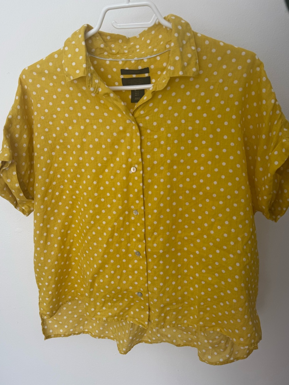 Mustard Yellow Polka Dot Short Sleeve Button-Down Shirt, 100% Linen